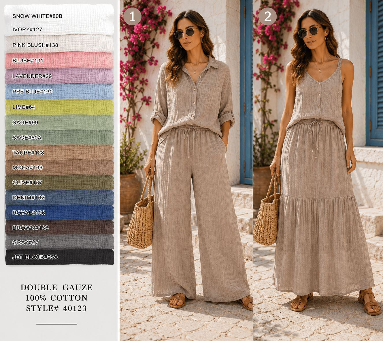 40123MC TAUPE#128 BABY CLOTHES SWADDLES BOTTOM CARDEGAN COTTON DOUBLE GAUZE DRESS LOUNGEWEAR PAJAMAS PANTS SCARVE WRAPS SHIRT SKIRT SOLID TAUPE TOP WARM WEATHER GARMENTS LAYERIN WOVEN