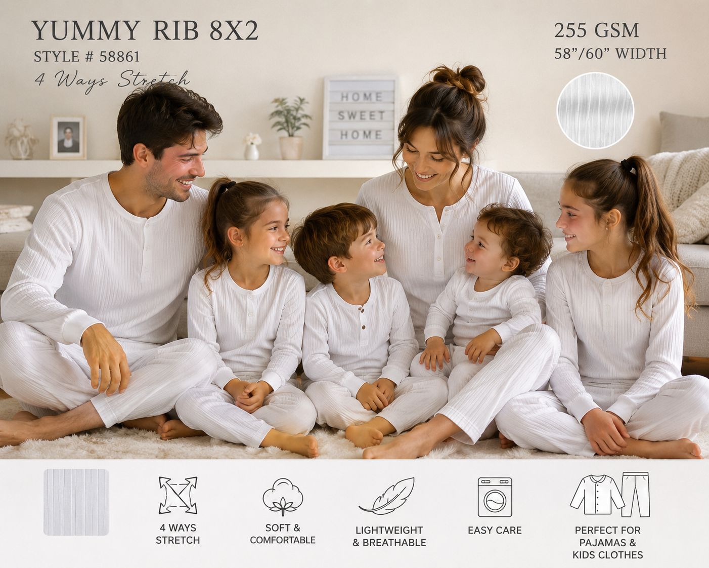 8x2 Yummy Rib Knit Fabric - 95% Polyester 5% Spandex - 255 GSM Soft Stretch Knit