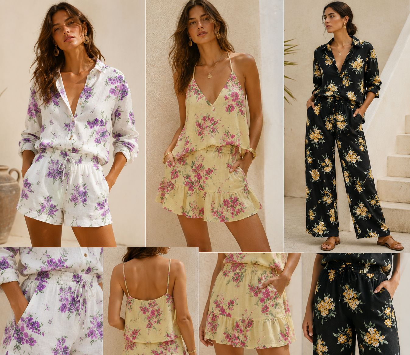 Eline Lino Small Flower Printed Fabric - 100% Polyester - Linen Look Lightweight Woven for Dresses 