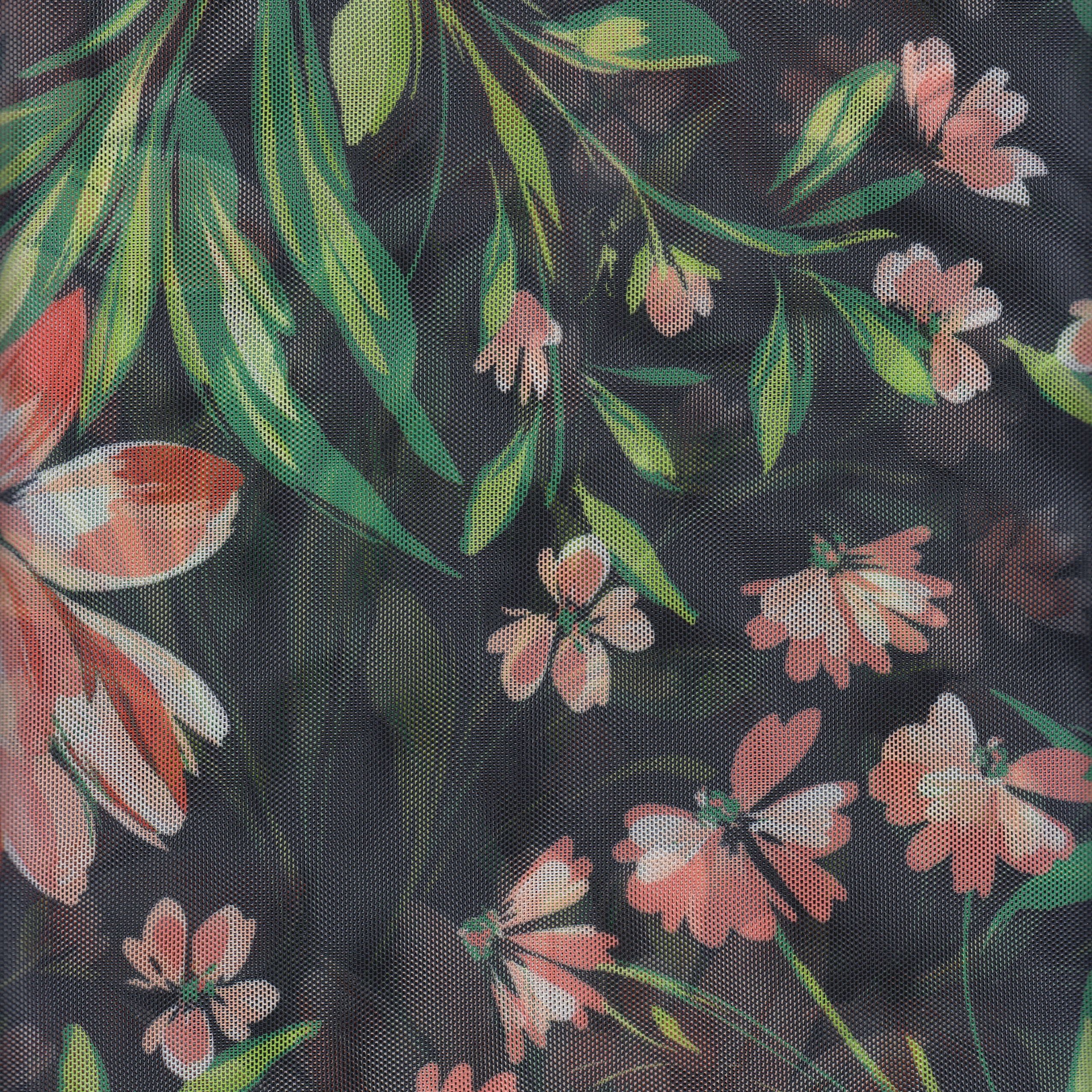 CORAL#16M BIG FLOWER BLACK CORAL DRESS LEAF LOUNGEWEAR MESH PRINTED POLYESTER POWER SHIRT SMALL SPANDEX SUBLIMATION SWIM WEAR TOP